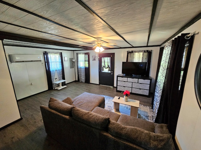 living room featuring ceiling fan, a wall mounted air conditioner, and hardwood / wood-style flooring