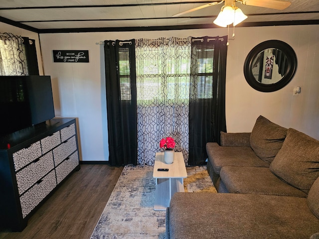 living room featuring dark wood-type flooring and ceiling fan