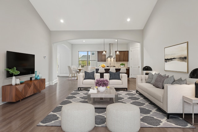 living room with high vaulted ceiling and wood-type flooring