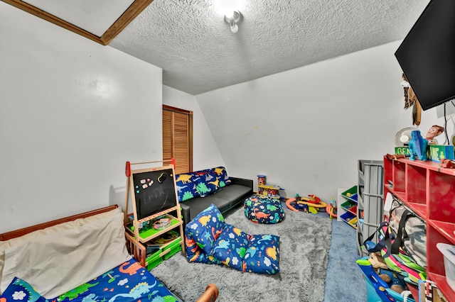 recreation room featuring carpet flooring, a textured ceiling, and vaulted ceiling