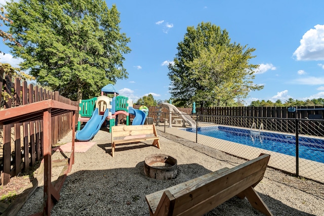 view of swimming pool with a playground