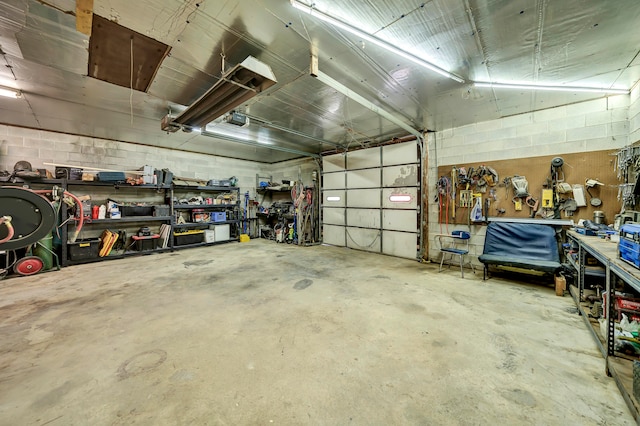 garage with a workshop area