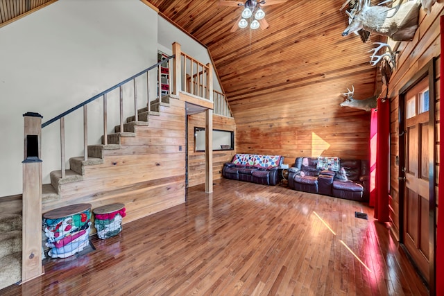 interior space with wood-type flooring, wooden ceiling, ceiling fan, high vaulted ceiling, and wood walls