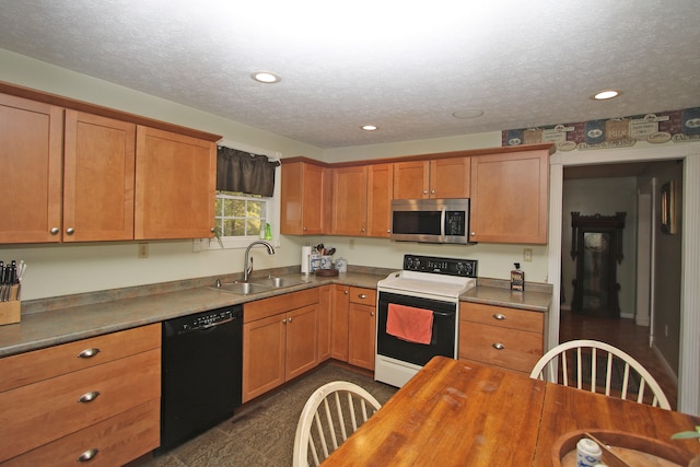 kitchen featuring white range with electric stovetop, dishwasher, sink, and a textured ceiling