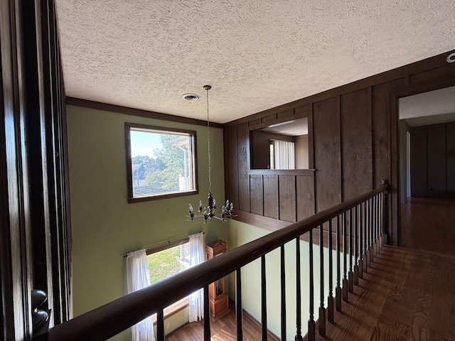 hall featuring a notable chandelier, wood-type flooring, and plenty of natural light