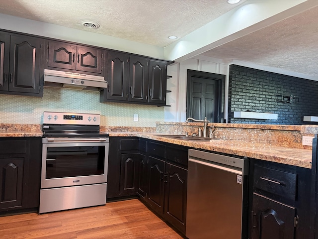 kitchen featuring tasteful backsplash, extractor fan, light wood-type flooring, sink, and stainless steel appliances