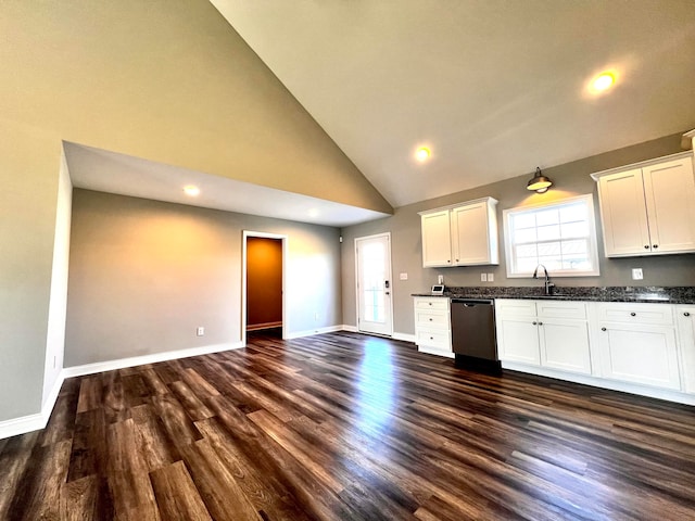 kitchen featuring dark wood-type flooring, high vaulted ceiling, dishwasher, and white cabinets