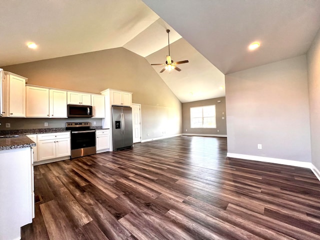 kitchen with ceiling fan, stainless steel appliances, white cabinets, high vaulted ceiling, and dark hardwood / wood-style floors