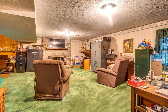 carpeted living room with a fireplace and a textured ceiling