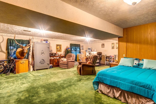 carpeted bedroom featuring wooden walls and a textured ceiling