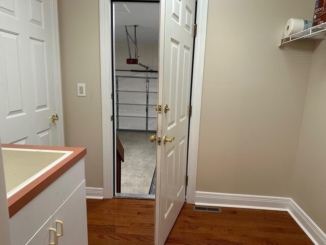 walk in closet with dark hardwood / wood-style floors and sink