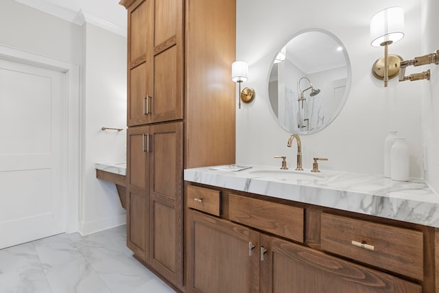 bathroom with vanity and ornamental molding