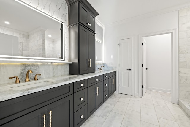 bathroom featuring vanity, decorative backsplash, ornamental molding, and a shower