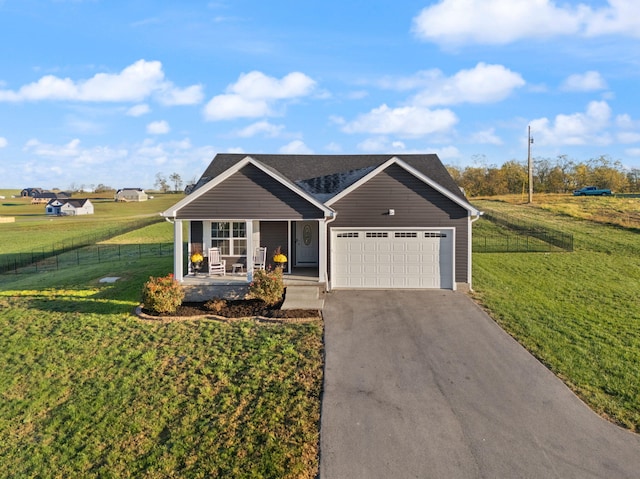 ranch-style house with a garage, a front lawn, and a porch