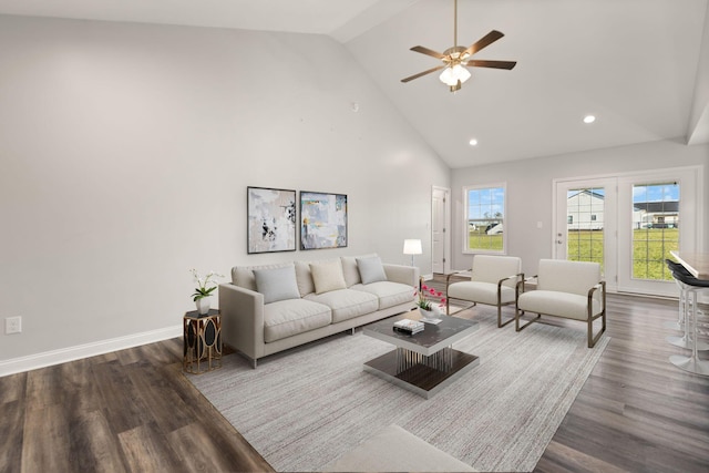 living room featuring high vaulted ceiling, ceiling fan, and dark hardwood / wood-style floors