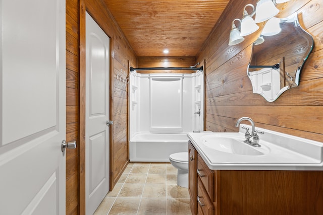 full bathroom featuring toilet, shower / bathing tub combination, wooden ceiling, vanity, and wood walls