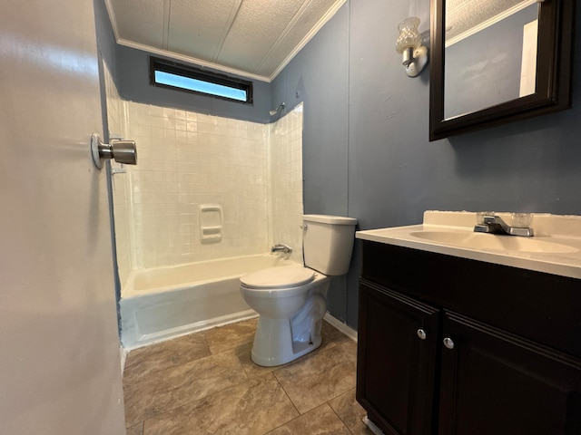 full bathroom with toilet, shower / bathtub combination, ornamental molding, vanity, and a textured ceiling