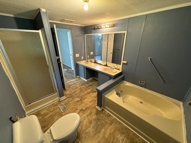 full bathroom with a textured ceiling, independent shower and bath, toilet, vanity, and tile patterned flooring