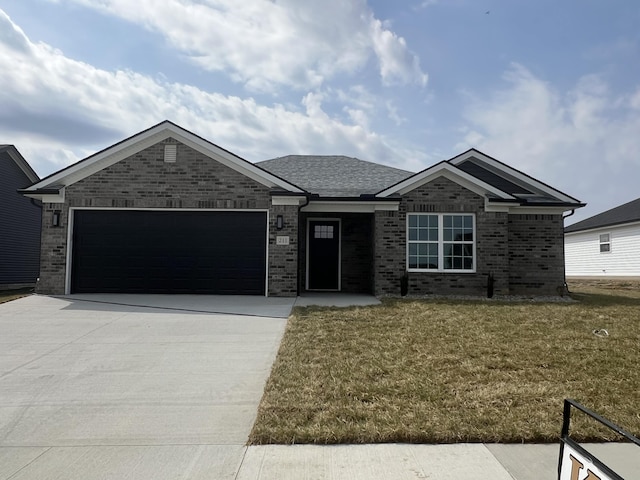 ranch-style home featuring driveway, a front lawn, an attached garage, a shingled roof, and brick siding