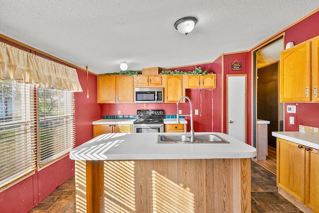 kitchen featuring appliances with stainless steel finishes, a textured ceiling, a kitchen island with sink, and sink