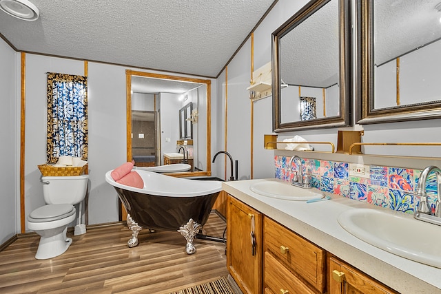 bathroom with toilet, a textured ceiling, hardwood / wood-style flooring, and vanity