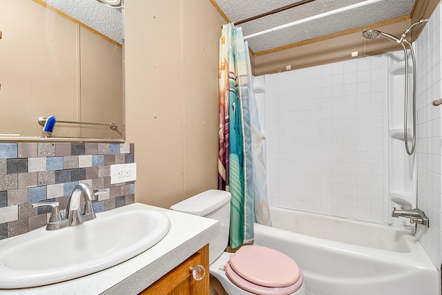 full bathroom with toilet, shower / tub combo, vanity, a textured ceiling, and tasteful backsplash