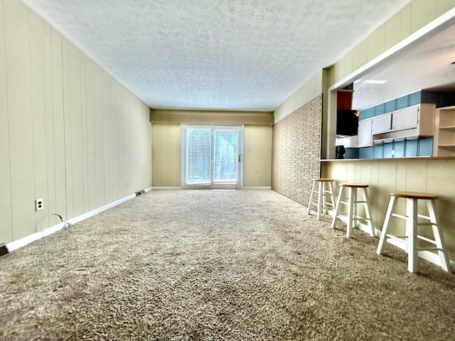 unfurnished living room with wood walls, a textured ceiling, and carpet flooring