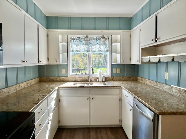 kitchen featuring dark hardwood / wood-style floors, sink, stainless steel dishwasher, white cabinets, and light stone counters