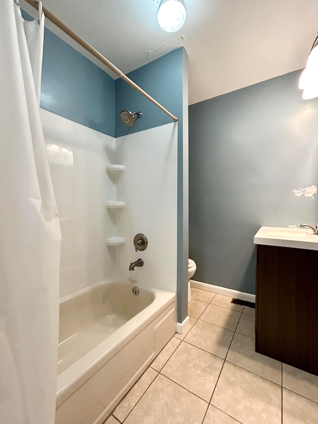 full bathroom featuring vanity, tile patterned floors, toilet, and shower / bathtub combination with curtain