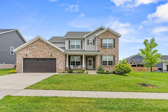 craftsman-style home featuring a porch, a front lawn, and a garage