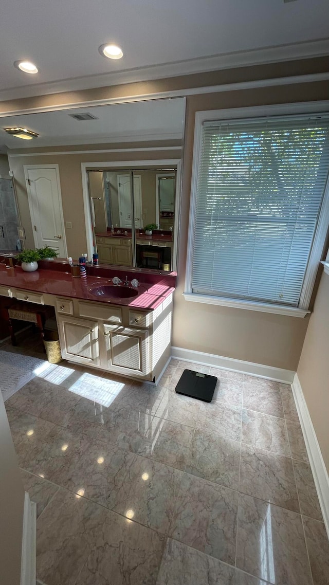 bathroom featuring ornamental molding and sink