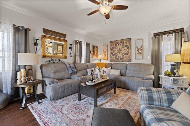 living room featuring ornamental molding, hardwood / wood-style floors, and ceiling fan