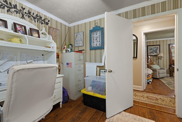 home office with ornamental molding, dark wood-type flooring, and a textured ceiling