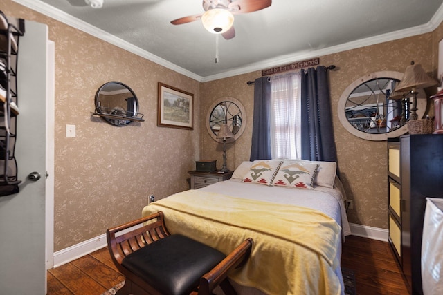 bedroom with dark wood-type flooring, ceiling fan, and ornamental molding