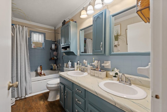 full bathroom with toilet, shower / tub combo, wood-type flooring, backsplash, and vanity