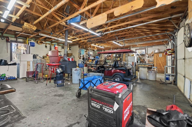 garage with white fridge