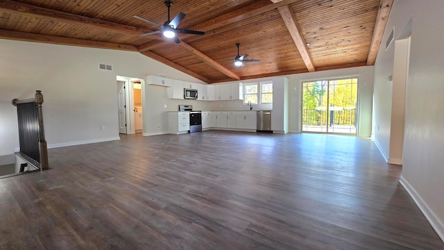 unfurnished living room featuring ceiling fan, wooden ceiling, dark hardwood / wood-style flooring, and vaulted ceiling with beams