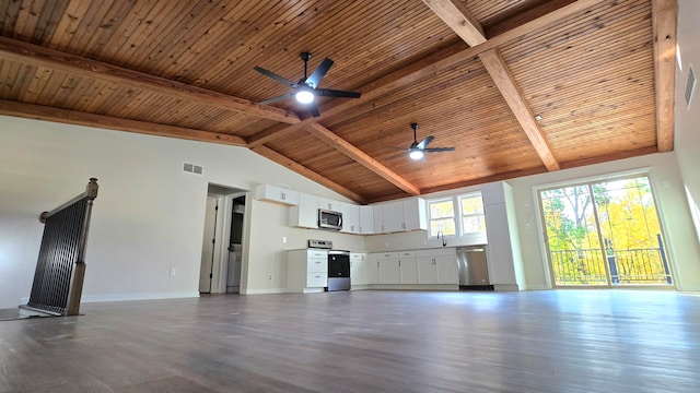 unfurnished living room featuring dark wood-type flooring, beam ceiling, high vaulted ceiling, and wooden ceiling