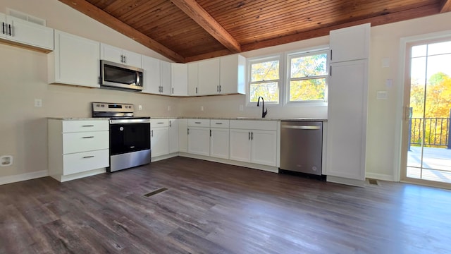 kitchen with white cabinetry, stainless steel appliances, wooden ceiling, and dark wood-type flooring