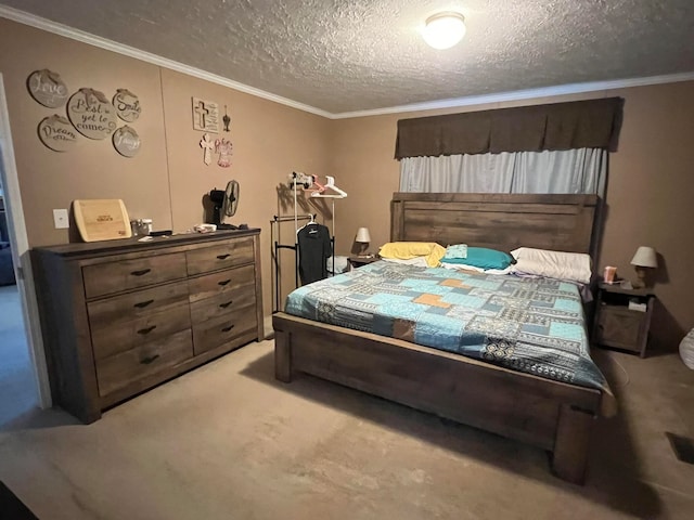 bedroom with crown molding, light colored carpet, and a textured ceiling