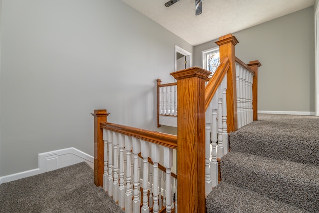 staircase featuring carpet flooring and vaulted ceiling