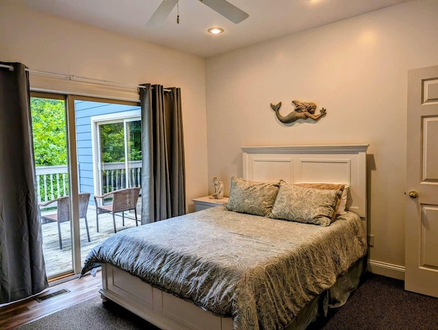 bedroom featuring ceiling fan, hardwood / wood-style flooring, and access to exterior