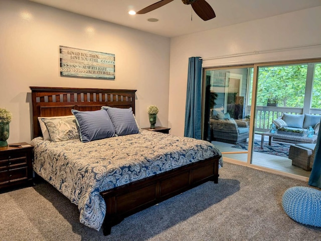 bedroom featuring carpet, access to exterior, and ceiling fan