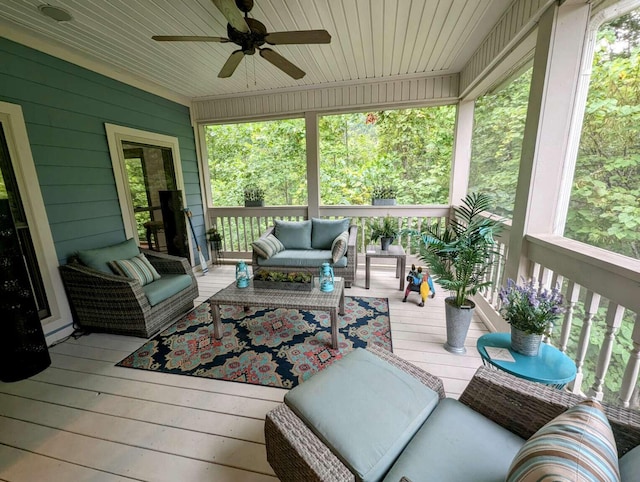 sunroom / solarium featuring wooden ceiling and ceiling fan