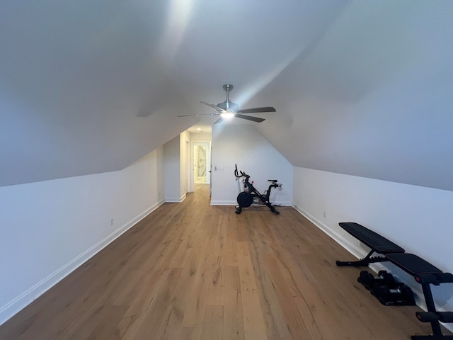 bonus room featuring ceiling fan, light wood-type flooring, and vaulted ceiling