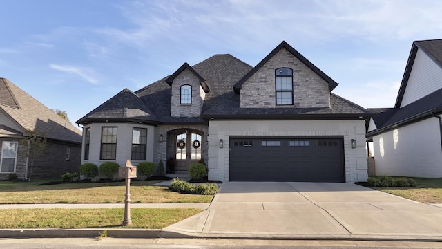 french provincial home featuring french doors, a garage, and a front lawn