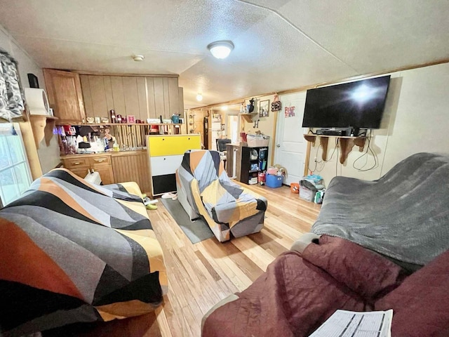 living room with light hardwood / wood-style floors, a textured ceiling, and lofted ceiling