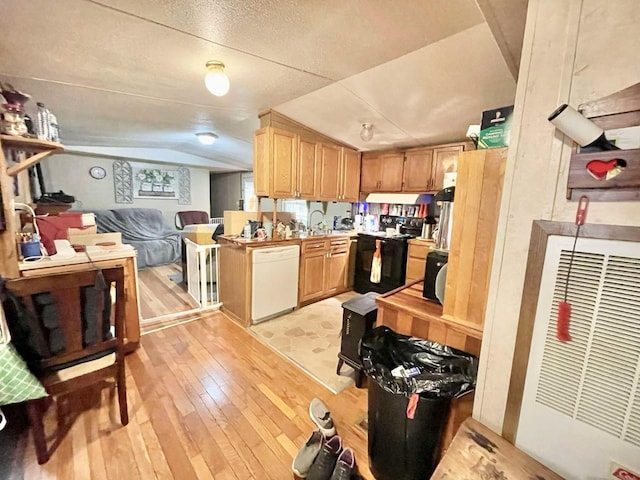 kitchen with dishwasher, light hardwood / wood-style floors, vaulted ceiling, and black / electric stove