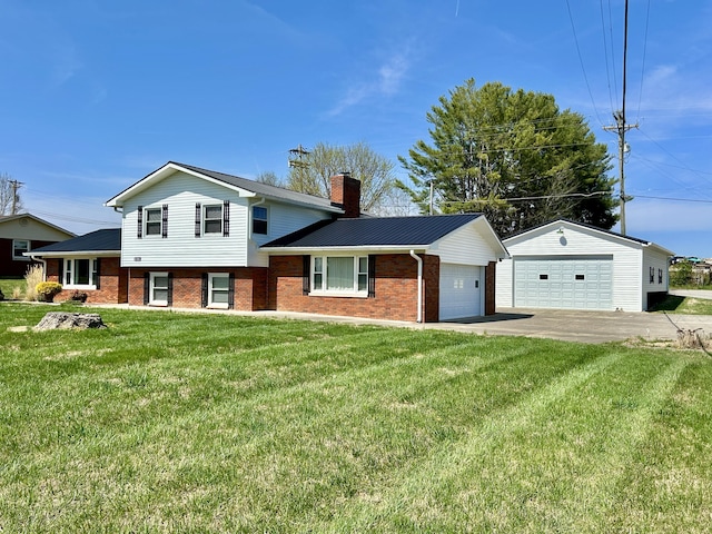 tri-level home with brick siding, a front lawn, and a chimney