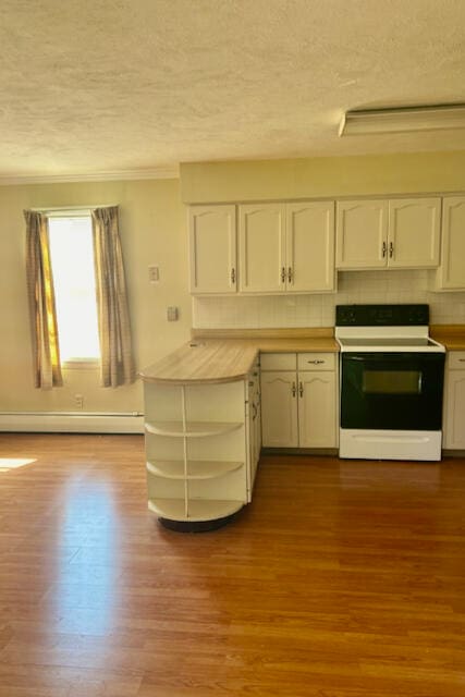 kitchen with white cabinetry, light hardwood / wood-style flooring, decorative backsplash, and electric range